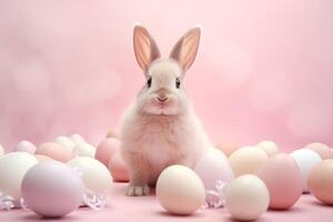 ai generiert glücklich Ostern süß Hase Sitzung mit Ostern Eier mit Sanft Pastell- Rosa Hintergrund foto