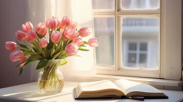 ai generiert glücklich Ostern. Strauß von Rosa Tulpe im das klar Glas Vase mit geöffnet Buch in der Nähe von Fenster foto