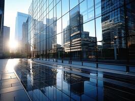 ai generiert reflektierend Wolkenkratzer, Geschäft Büro Gebäude. Geschäft die Architektur Fenster Stadt modern foto