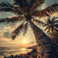 ai generiert tropisch Meer Sommer. Strand und Palme Bäume. Natur und Landschaft Reise. Jahrgang Stil foto