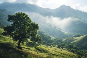 ai generiert schön Aussicht von Sommer- Grün Hügel und ein Baum Wald Berg. Natur und Landschaft Reise. foto