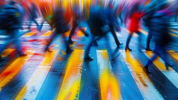 ai generiert verschwommen Bewegung von Fußgänger Gehen auf nass Stadt Straßen mit Reflexionen von Stadt Beleuchtung. foto