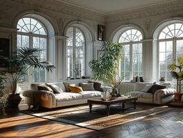 ai generiert Innere Zuhause Dekoration Leben Zimmer mit ein komfortabel Sofa, Tisch, und ein groß Französisch Fenster. foto