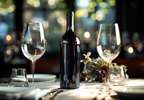 ai generiert Flasche von Wein und Brille auf Tabelle im Restaurant, Nahansicht foto