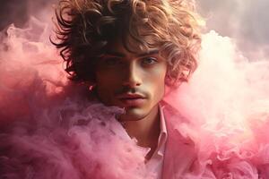 ai generiert Porträt von ein gut aussehend jung Mann im ein Rosa rauchig Wolke. foto
