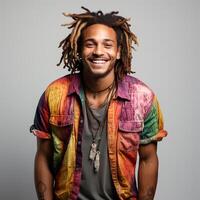 ai generiert gut aussehend jung Afroamerikaner Mann mit Dreadlocks und bunt Hemd auf ein grau Hintergrund. foto