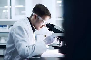 ai generiert männlich Wissenschaftler tun biochemisch Forschung im Labor mit Mikroskop auf Tisch, neural Netzwerk generiert Bild foto