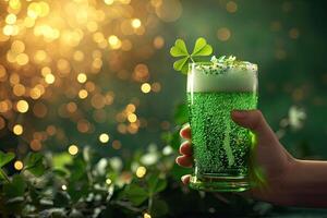 ai generiert Hand halten Grün Bier Glas auf st. Patrick's Tag Bokeh Hintergrund foto