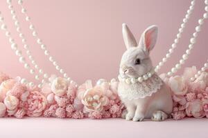 ai generiert Ostern Hase geschmückt mit Spitze und Perlen auf blass Rosa Hintergrund foto