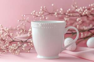 ai generiert Weiß Tee Tasse umgeben durch Blumen auf Rosa Hintergrund im Kokette Stil foto