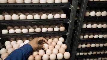 das Qualität Steuerung tun Qualität prüfen zum Schraffur Eier auf das Inkubation Maschine Zimmer. foto