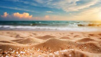 ai generiert schließen oben Sand mit verschwommen Meer Himmel Hintergrund, Sommer- Tag, Kopieren Raum oder zum Produkt. Sommer- foto