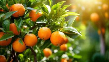 ai generiert Zitrusfrüchte Geäst mit organisch reif frisch Orangen Mandarinen wachsend auf Geäst mit Grün verlassen Hintergrund foto