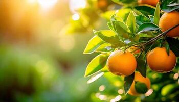 ai generiert Zitrusfrüchte Geäst mit organisch reif frisch Orangen Mandarinen wachsend auf Geäst mit Grün verlassen Hintergrund foto