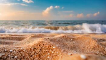 ai generiert schließen oben Sand mit verschwommen Meer Himmel Hintergrund, Sommer- Tag, Kopieren Raum oder zum Produkt. Sommer- foto