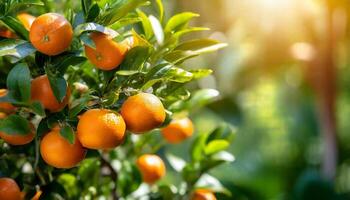 ai generiert Zitrusfrüchte Geäst mit organisch reif frisch Orangen Mandarinen wachsend auf Geäst mit Grün verlassen Hintergrund foto