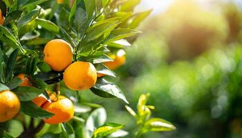 ai generiert Zitrusfrüchte Geäst mit organisch reif frisch Orangen Mandarinen wachsend auf Geäst mit Grün verlassen Hintergrund foto