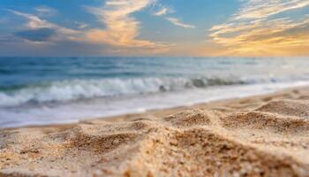 ai generiert schließen oben Sand mit verschwommen Meer Himmel Hintergrund, Sommer- Tag, Kopieren Raum oder zum Produkt. Sommer- foto