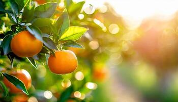 ai generiert Zitrusfrüchte Geäst mit organisch reif frisch Orangen Mandarinen wachsend auf Geäst mit Grün verlassen Hintergrund foto