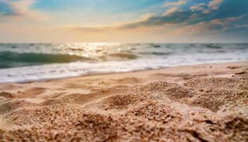 ai generiert schließen oben Sand mit verschwommen Meer Himmel Hintergrund, Sommer- Tag, Kopieren Raum oder zum Produkt. Sommer- foto