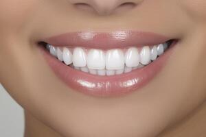 ai generiert schön jung Frau mit gesund Weiß Zähne auf Weiß Hintergrund. foto