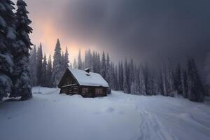 ai generiert Schnee bedeckt hölzern Haus im Berge beim Winter Sonnenaufgang, neural Netzwerk generiert Bild foto
