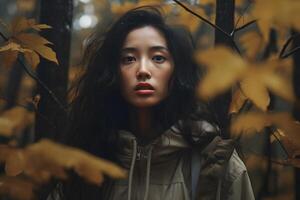 ai generiert asiatisch Frau hat verloren im Wald beim Herbst Tag, neural Netzwerk generiert fotorealistisch Bild foto