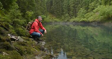 bärtig Mann mit ein Rucksack in der Nähe von ein schön Berg See. schön Natur und Berg See. foto