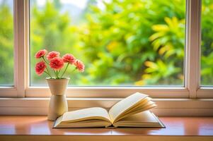 ai generiert Buch durch Fenster mit Vase und Blumen foto