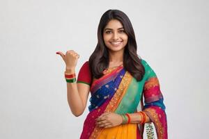 ai generiert glücklich jung indisch Frau Punkt Finger beim leer Raum foto