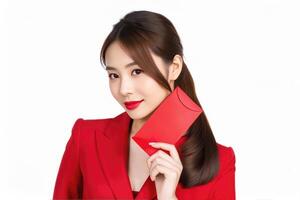 ai generiert ein Frau im ein traditionell Chinesisch Kleid halten ein rot Briefumschlag foto