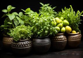 ai generiert einstellen von klein Vasen mit aromatisch Pflanzen zum Kochen oder andere Verwendet. gesund Leben. foto