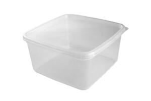 transparent Plastik Essen Box isoliert auf Weiß Hintergrund foto