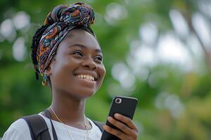 ai generiert froh Hochschule Bummel, lächelnd afrikanisch Teen mit Smartphone im Hand foto