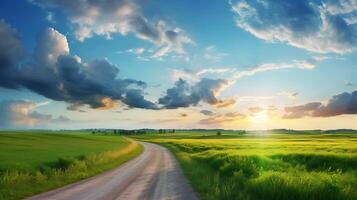 ai generiert ländlich Schönheit enthüllt, Grün Feld, leeren Straße, und Sonnenuntergang Wolken foto