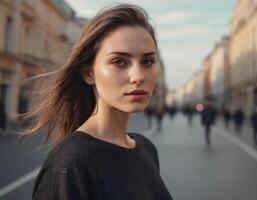 ai generiert Porträt von ein jung Frau im ein städtisch Umfeld. foto