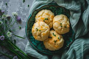 ai generiert Scones mit Käse und Grün Zwiebel. Cheddar und Schnittlauch Kekse. generativ ai foto