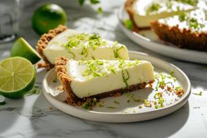 ai generiert Scheibe von Schlüssel Limette Kuchen mit Limette Zitrusschale. generativ ai foto