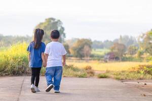 glücklich spielerisch Kinder spielen draußen. asiatisch Kinder spielen im Garten, zurück Aussicht von Junge und Mädchen foto