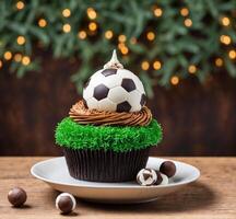 ai generiert Schokolade Cupcake mit Fußball Ball auf oben und Weihnachten Baum Hintergrund foto