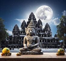 ai generiert Buddha Statue auf hölzern Tabelle im Vorderseite von das voll Mond foto