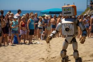 ai generiert ein Roboter auf das Strand im Vorderseite von ein Menge von Urlaub machen Personen. Strand Ferien foto