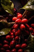 ai generiert Nahansicht von Kaffee Obst beim ein Kaffee Bauernhof auf ein Zweig, Kolumbien foto