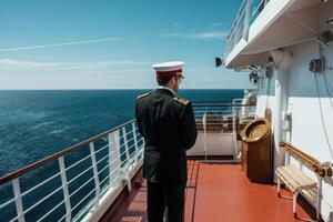 ai generiert das Kapitän von das Schiff ist auf das Deck von seine Schiff. ein Mann auf das Deck von ein Schiff foto