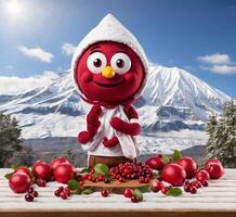 ai generiert süß Schneemann mit rot Äpfel auf das Hintergrund von schneebedeckt Berge foto