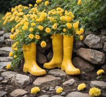 ai generiert Gelb Gummi Stiefel mit Gelb Chrysantheme Blumen im das Garten foto