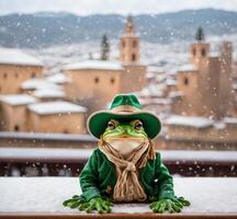 ai generiert Frosch im Kobold Kostüm auf das Schnee im Alhambra, Granada, Spanien foto