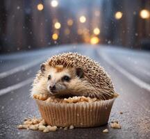 ai generiert Igel im ein Cupcake auf das Hintergrund von das Straße foto