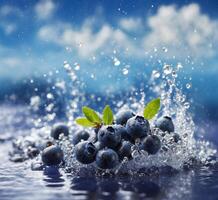 ai generiert frisch Blaubeeren mit Wasser Spritzen auf Blau Hintergrund. Blaubeere Antioxidans organisch Lebensmittel. foto