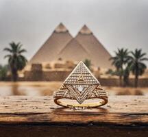 ai generiert Hochzeit Ring mit Pyramiden im Hintergrund beim Gizeh, Ägypten foto